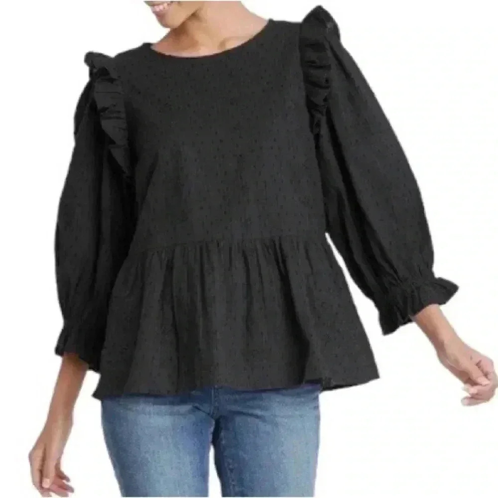 Universal Thread Black Eyelet Peplum Ruffle Blouse Top